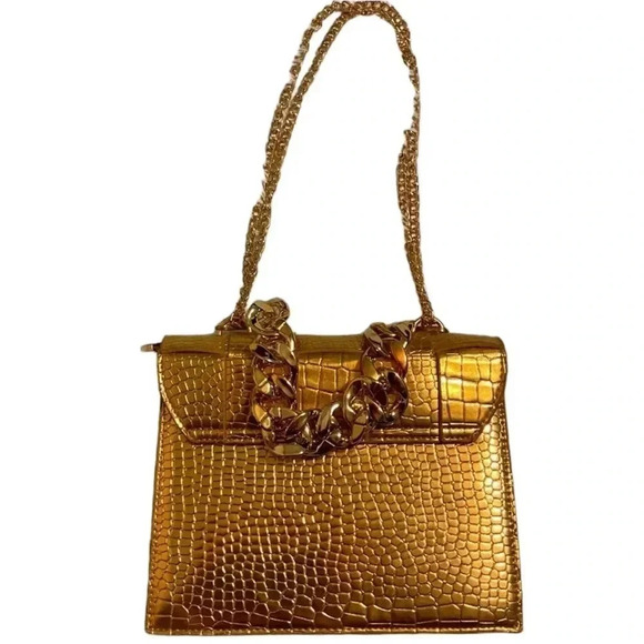 Crossbody/Handbag 2Way Metallic Croc Embossed Look Gold with Chain Detail NWOT - Picture 2 of 9